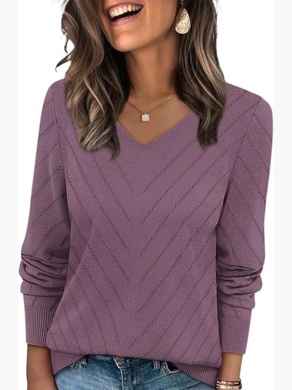 Women's V Neck Knit Pullover Sweater Long Sleeve Lightweight Casual Fall Top